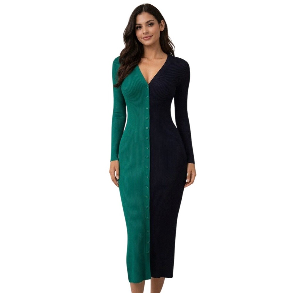 STAUD Two-Tone Green and Black Ribbed Button-Front Midi Dress